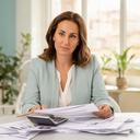 Elena, planificadora financiera, revisando un presupuesto en una oficina luminosa de Jaén