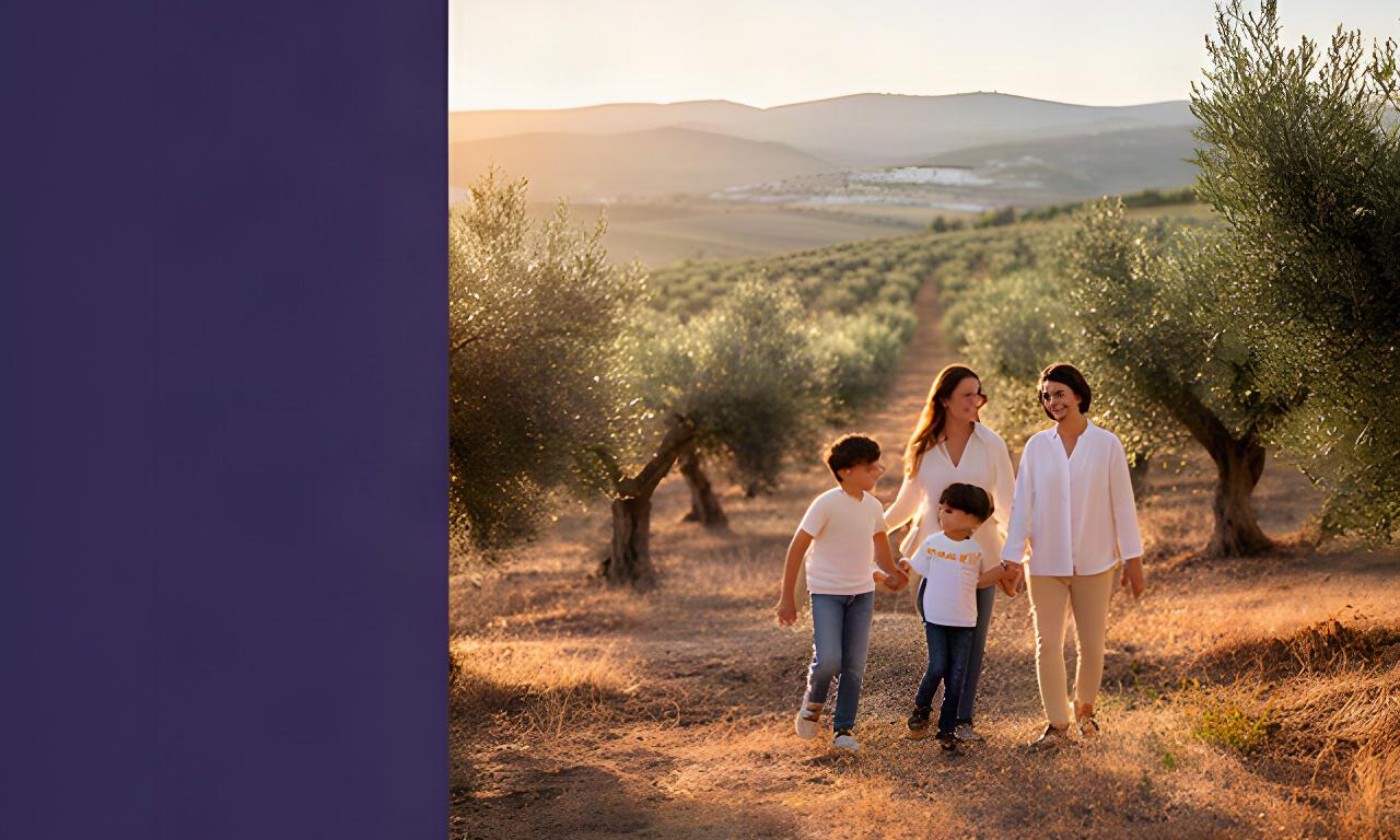 Familia con dos hijos caminando junto a los olivos de Jaén al atardecer