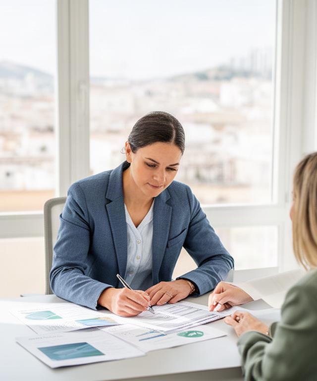 Profesional de planificación financiera revisando un presupuesto en una oficina luminosa de Jaén