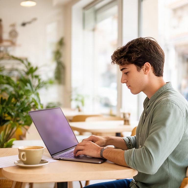 Joven profesional revisando su primer presupuesto con un portátil en una cafetería luminosa de Jaén
