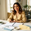 Monse Tannous organizando sus cuentas domésticas junto a una libreta de ahorro