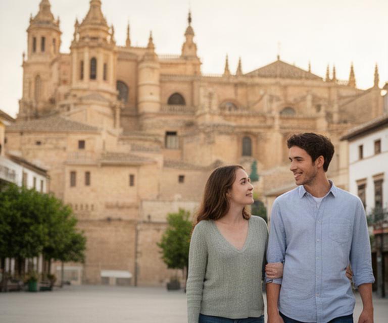 Pareja joven caminando junto a la Catedral de Jaén mientras conversa sobre sus objetivos de vivienda